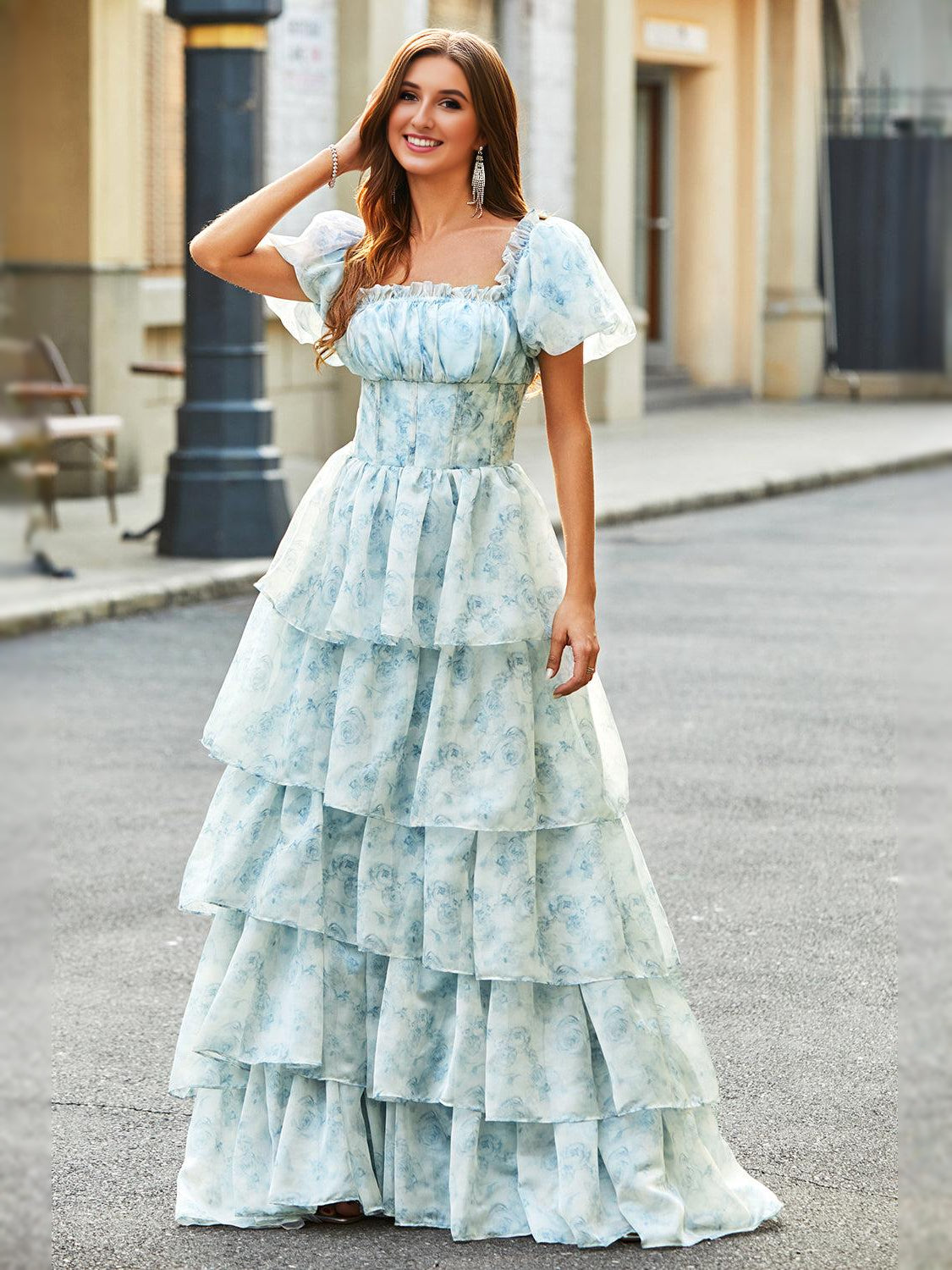 Sky Blue floor-length prom dress, front view showing the a-line silhouette