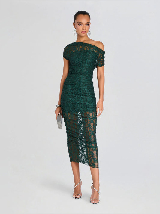 Teal midi formal dress, full-length front view