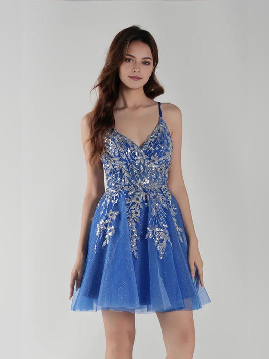 Blue mini homecoming dress, alternate view showing the full-length silhouette