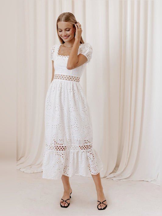 White midi formal dress, full-length front view