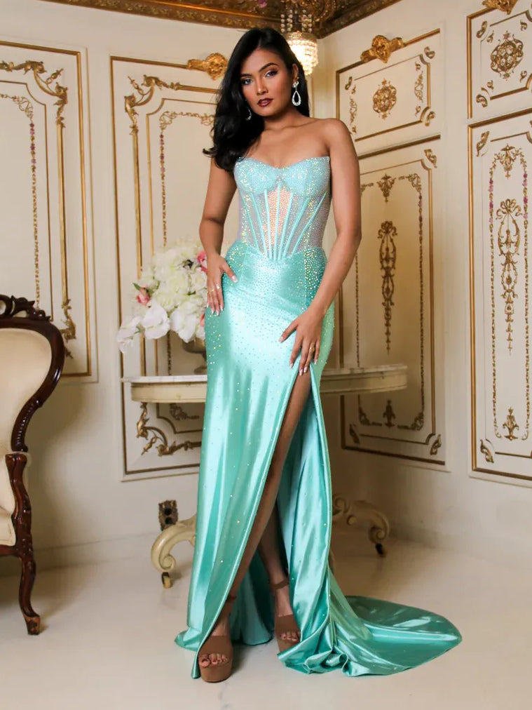 Mint Green maxi prom dress, front view showing the mermaid silhouette