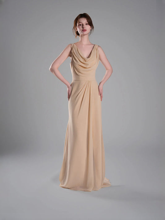 Beige maxi bridesmaid dress, front view showing the sheath silhouette