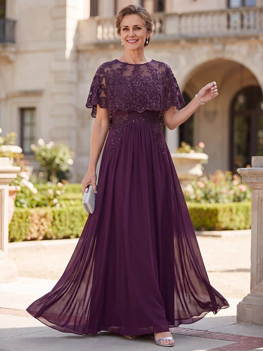 Deep Purple floor-length mother of the bride dress, front view showing the a-line silhouette