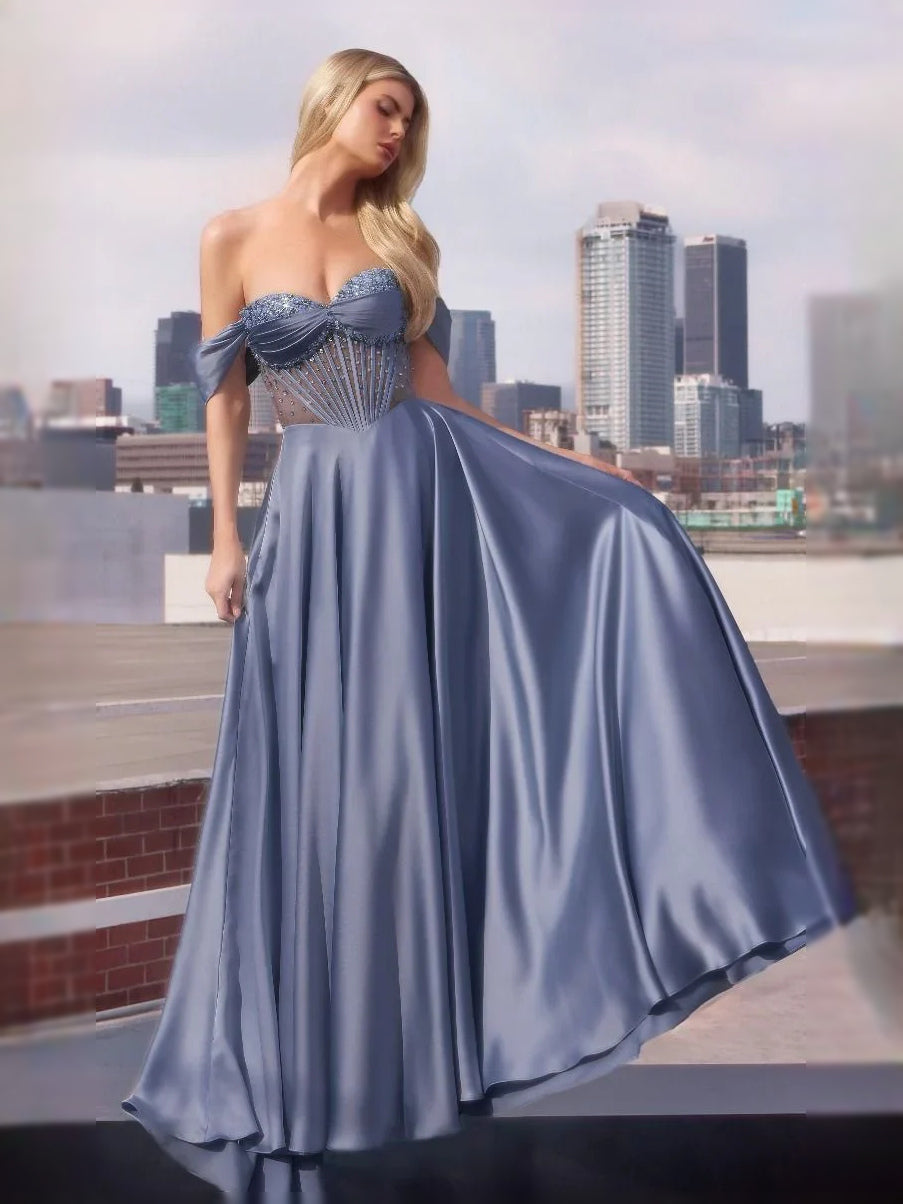 Dusty Blue floor-length prom dress, front view showing the ball-gown silhouette