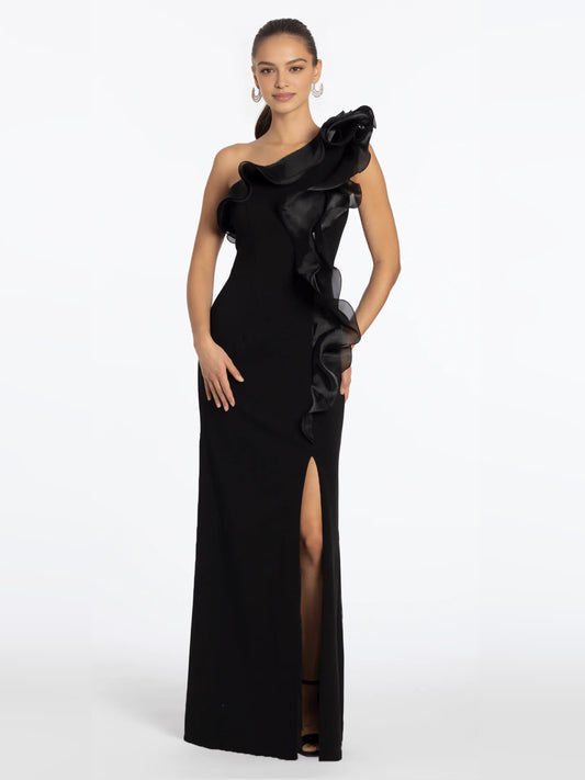 Black sheath floor-length formal dress with one-shoulder neckline, full-length front view