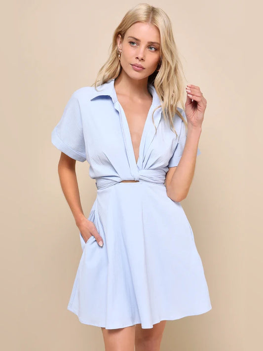 Light Blue mini homecoming dress, front view showing the silhouette