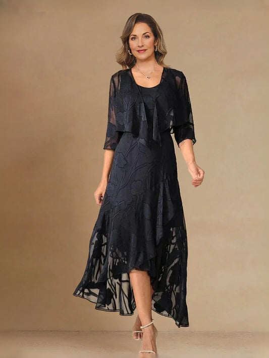 Dark Blue midi mother of the bride dress, front view showing the a-line silhouette