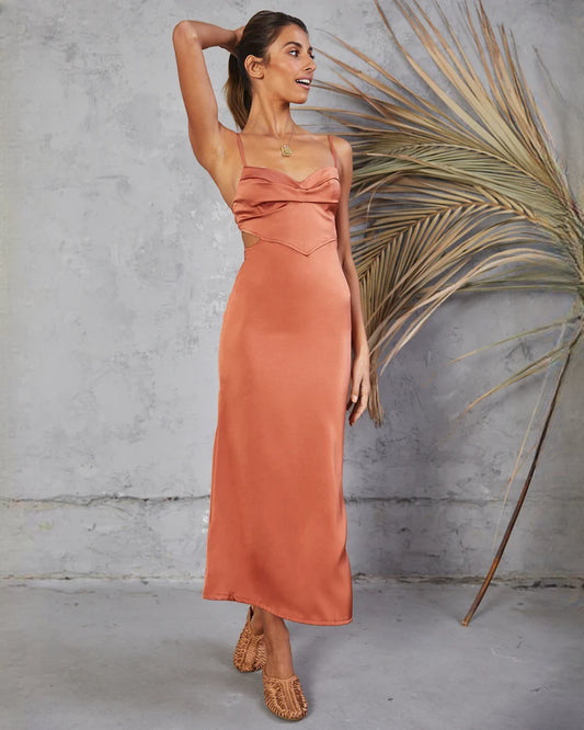 sleeveless satin a-line maxi bridesmaid dress - image 1