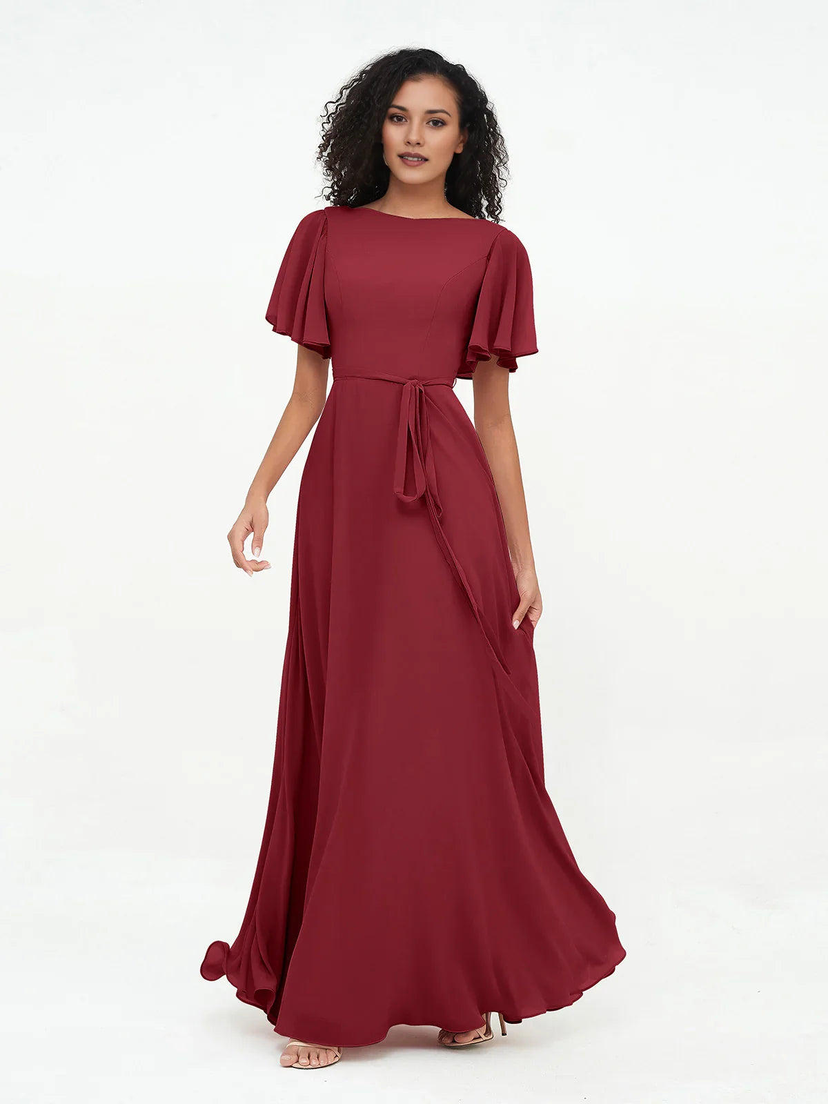Burgundy maxi bridesmaid dress, front view showing the a-line silhouette