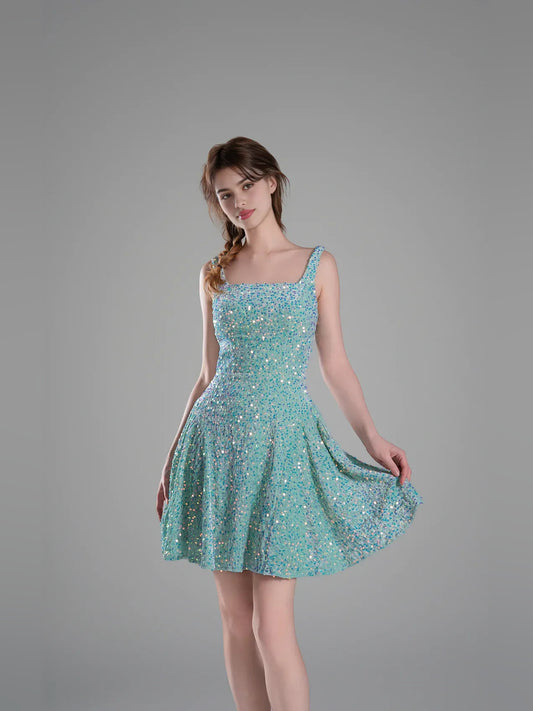 Turquoise mini homecoming dress, alternate view showing the full-length silhouette