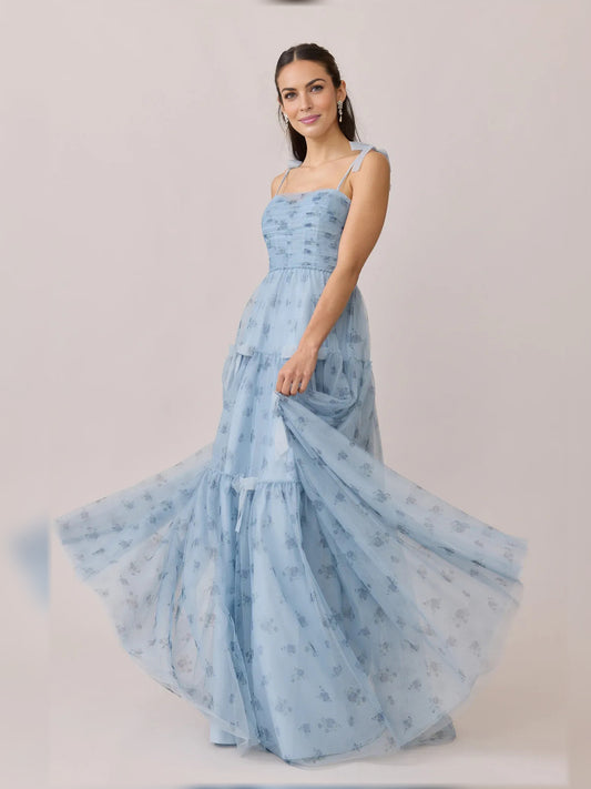 Sky Blue a-line floor-length formal dress with square neckline, full-length front view