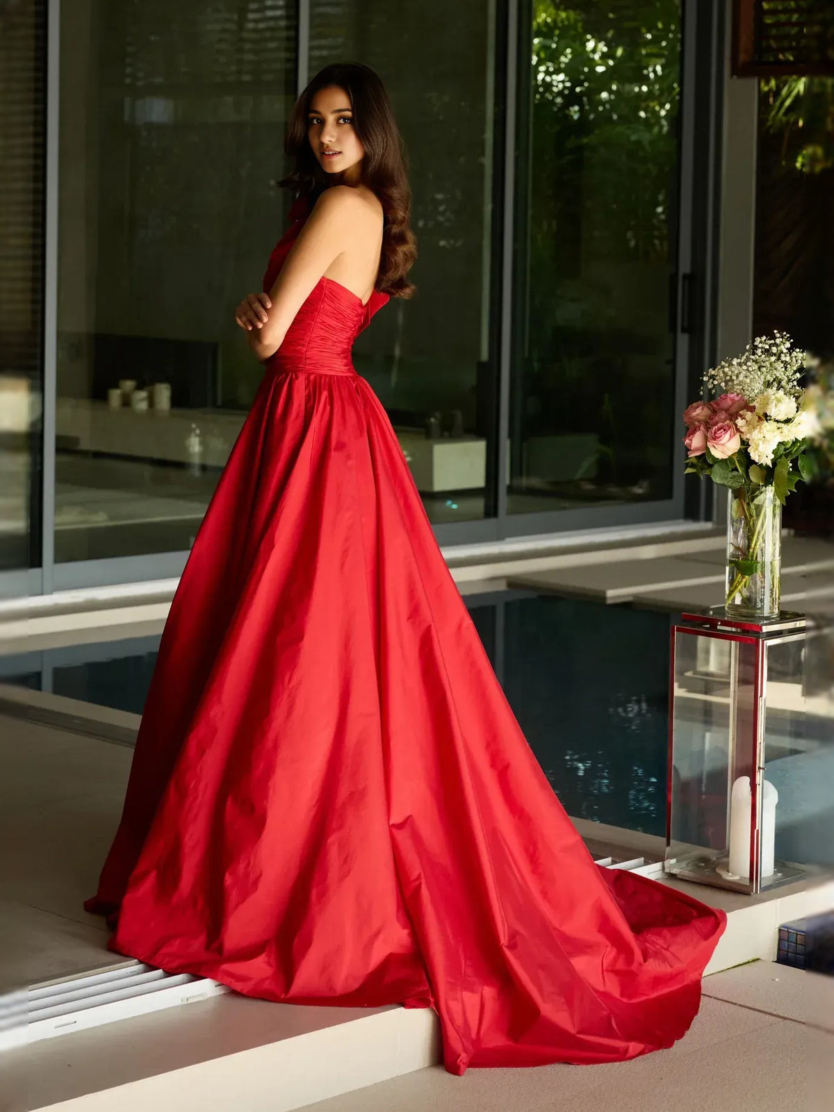 Crimson Red maxi prom dress, front view showing the a-line silhouette