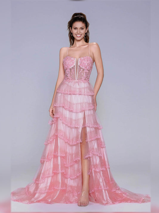 Light Pink a-line floor-length formal dress with floral print, full-length front view