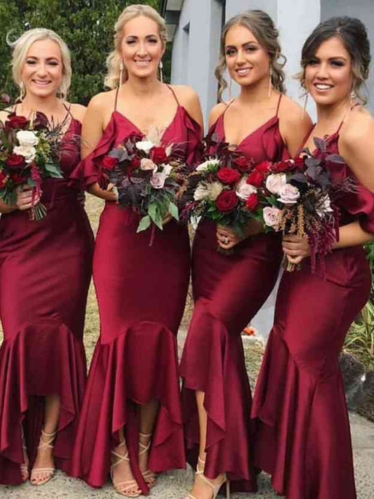 Burgundy floor-length bridesmaid dress, front view showing the mermaid silhouette