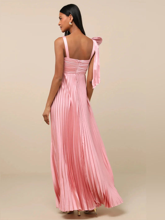 Blush Pink maxi bridesmaid dress, front view showing the a-line silhouette