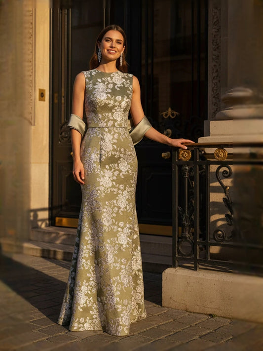 Olive Green floor-length mother of the bride dress, front view showing the mermaid silhouette