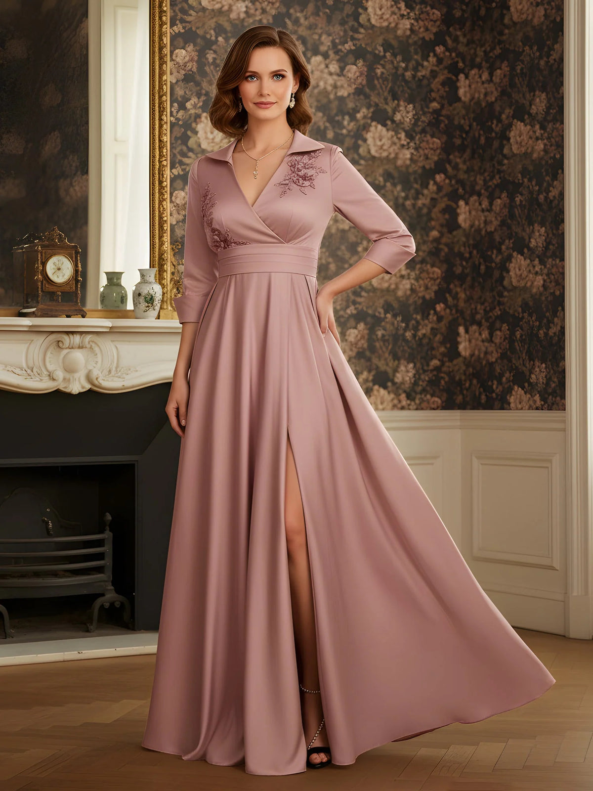 Dusty Rose a-line floor-length formal dress with V-neckline, full-length front view