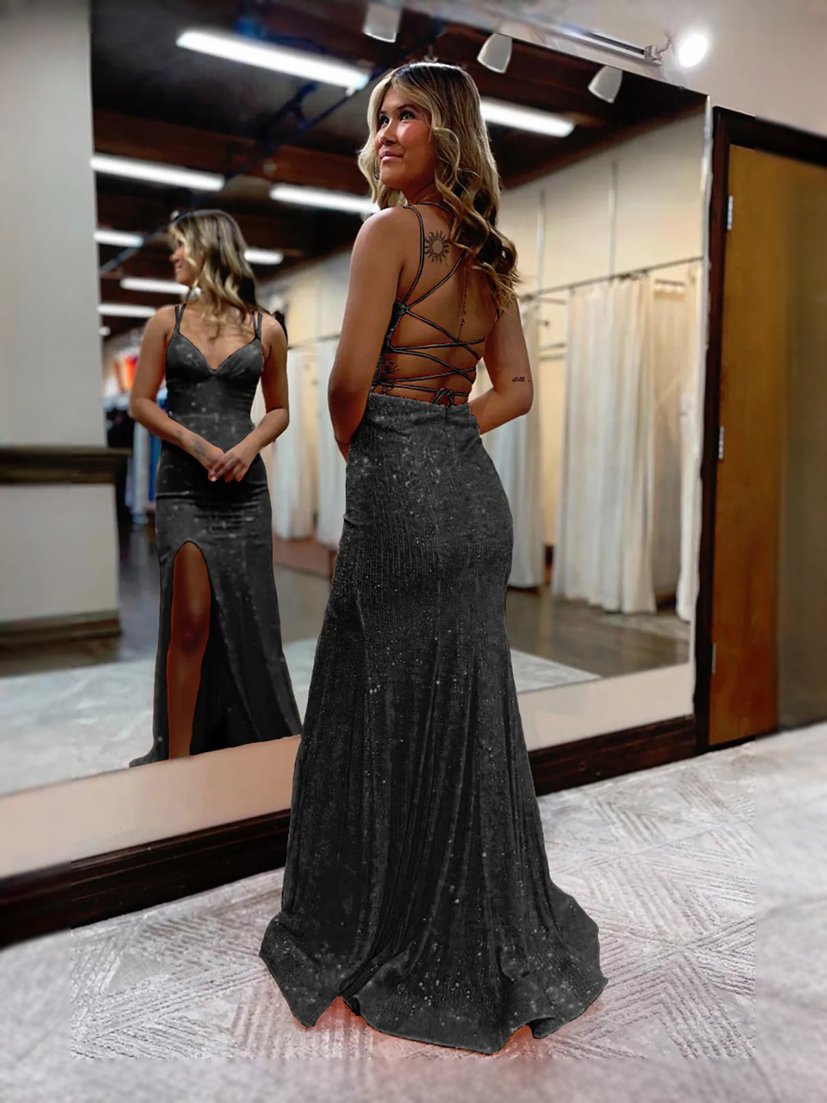 Orange floor-length prom dress, front view showing the sheath silhouette