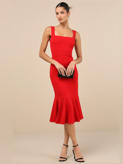 Red midi formal dress with square neckline, full-length front view