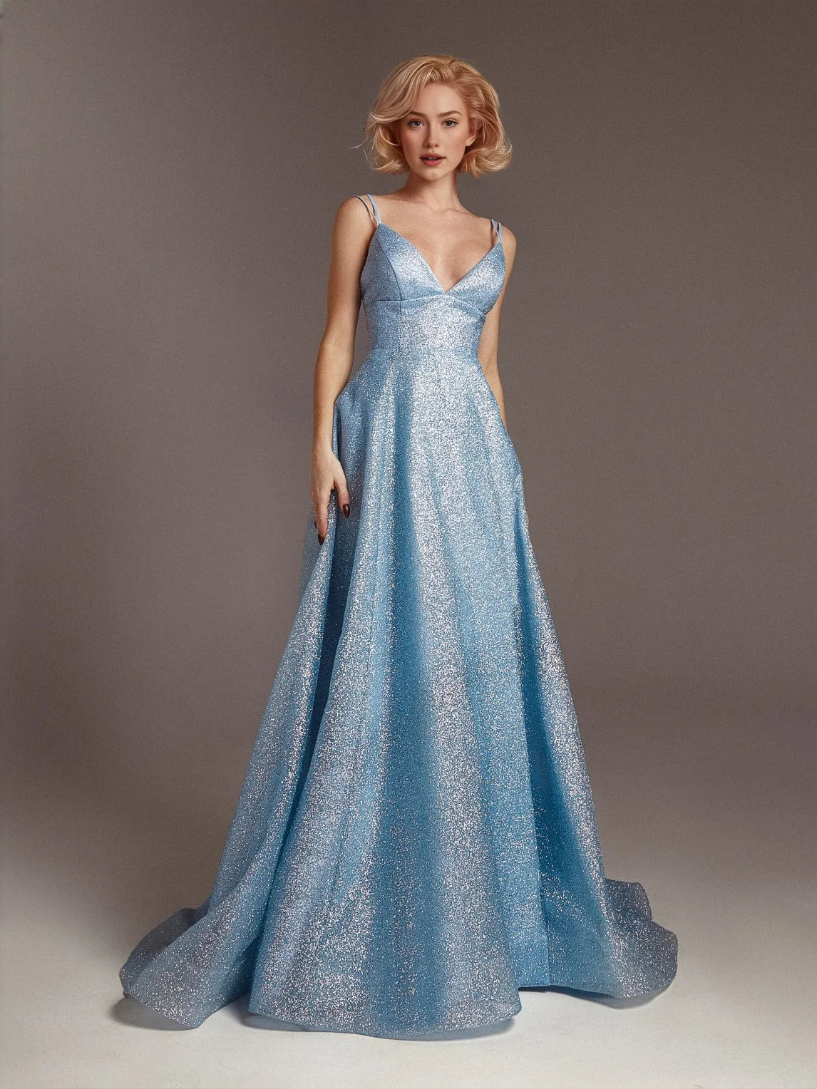 Light Blue floor-length prom dress, front view showing the a-line silhouette