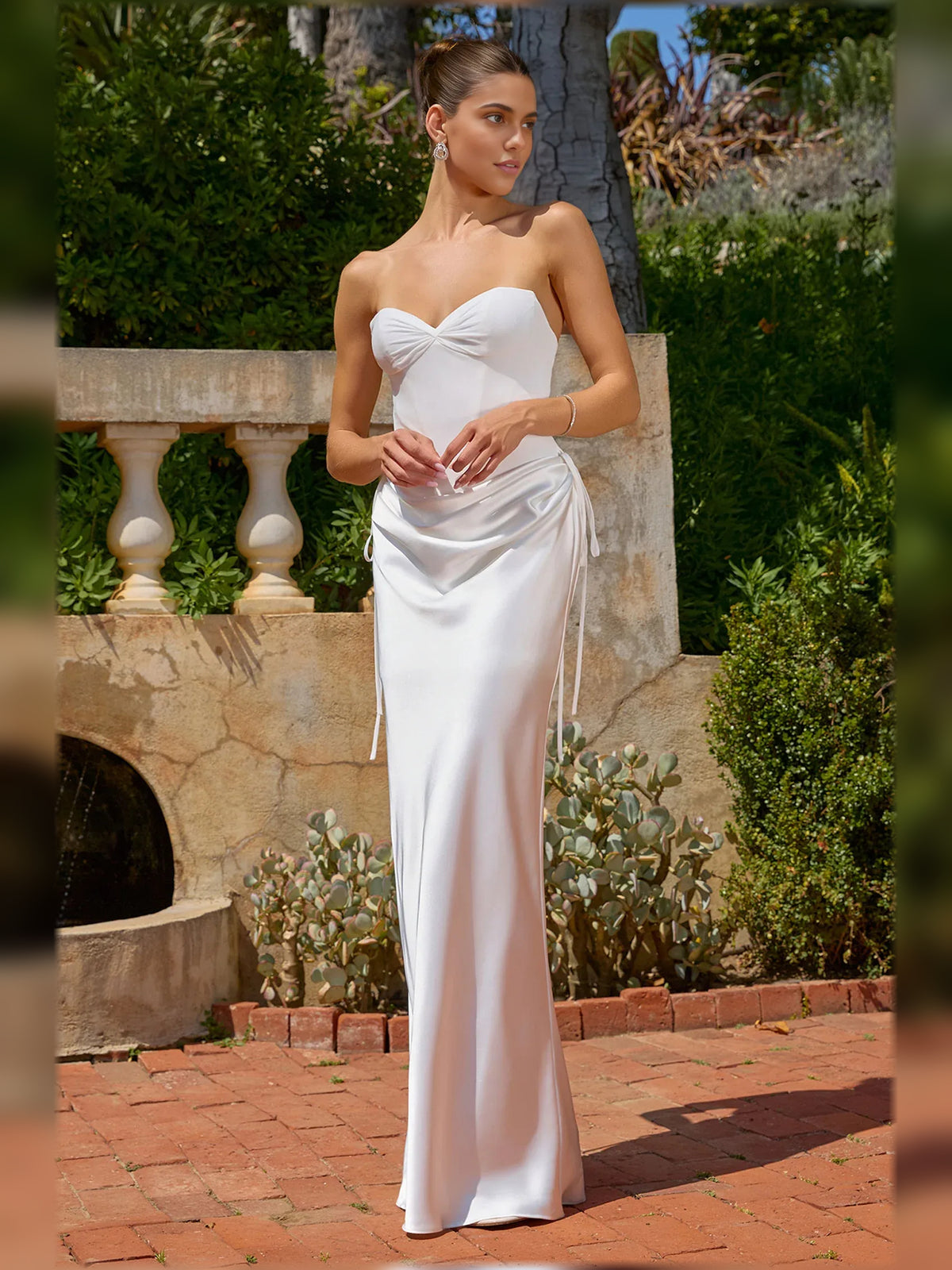 White bodycon mini formal dress with sweetheart neckline, full-length front view