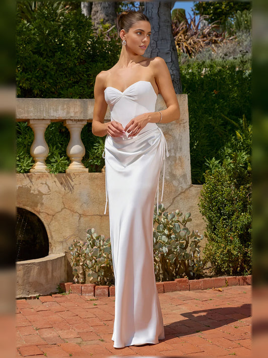 White bodycon mini formal dress with sweetheart neckline, full-length front view