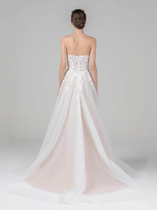 Ivory floor-length wedding dress, front view showing the a-line silhouette