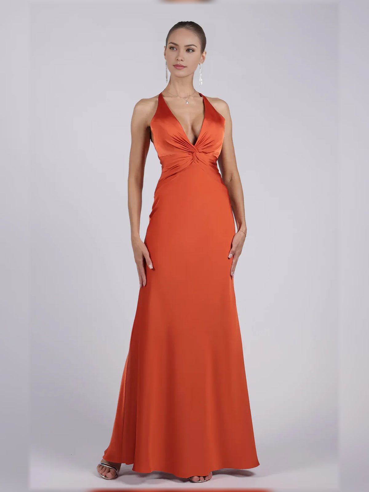 Burnt Orange sheath floor-length formal dress with halter neckline, full-length front view