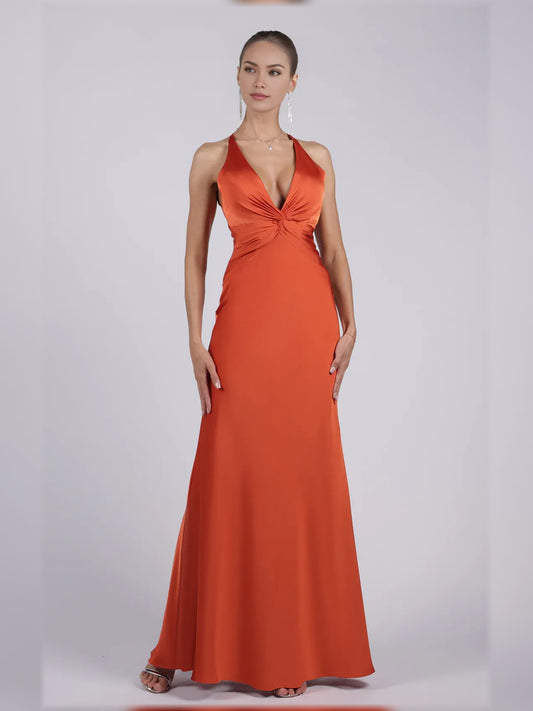 Burnt Orange sheath floor-length formal dress with halter neckline, full-length front view