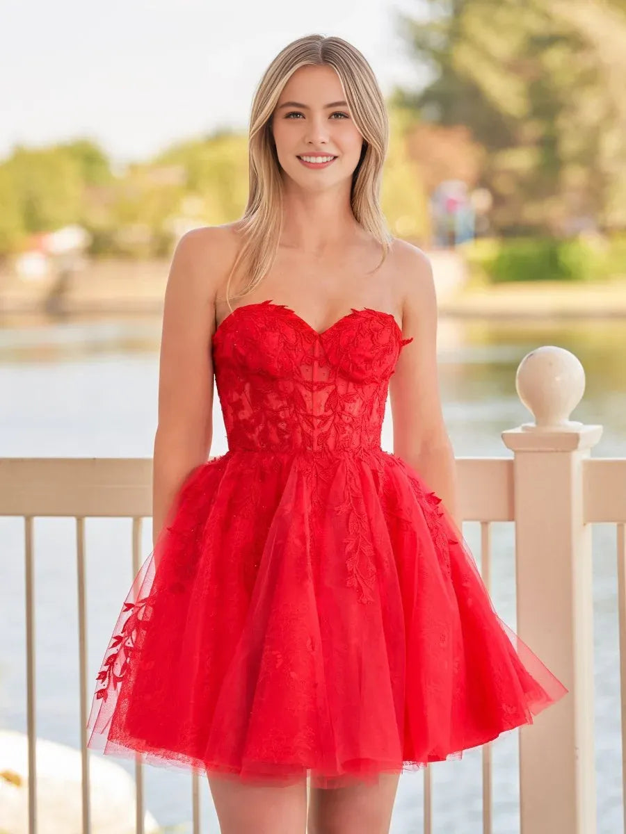 Red mini homecoming dress, alternate view showing the full-length silhouette