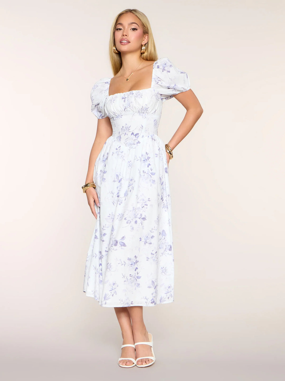 Floral midi formal dress with floral print, full-length front view