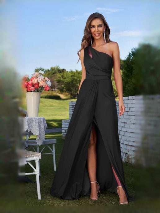 Black maxi bridesmaid dress, front view showing the a-line silhouette