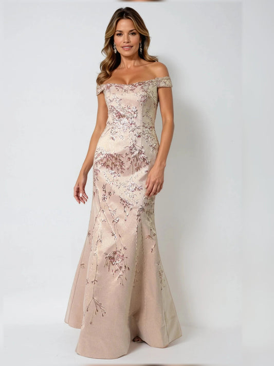 Champagne floor-length mother of the bride dress, front view showing the a-line silhouette