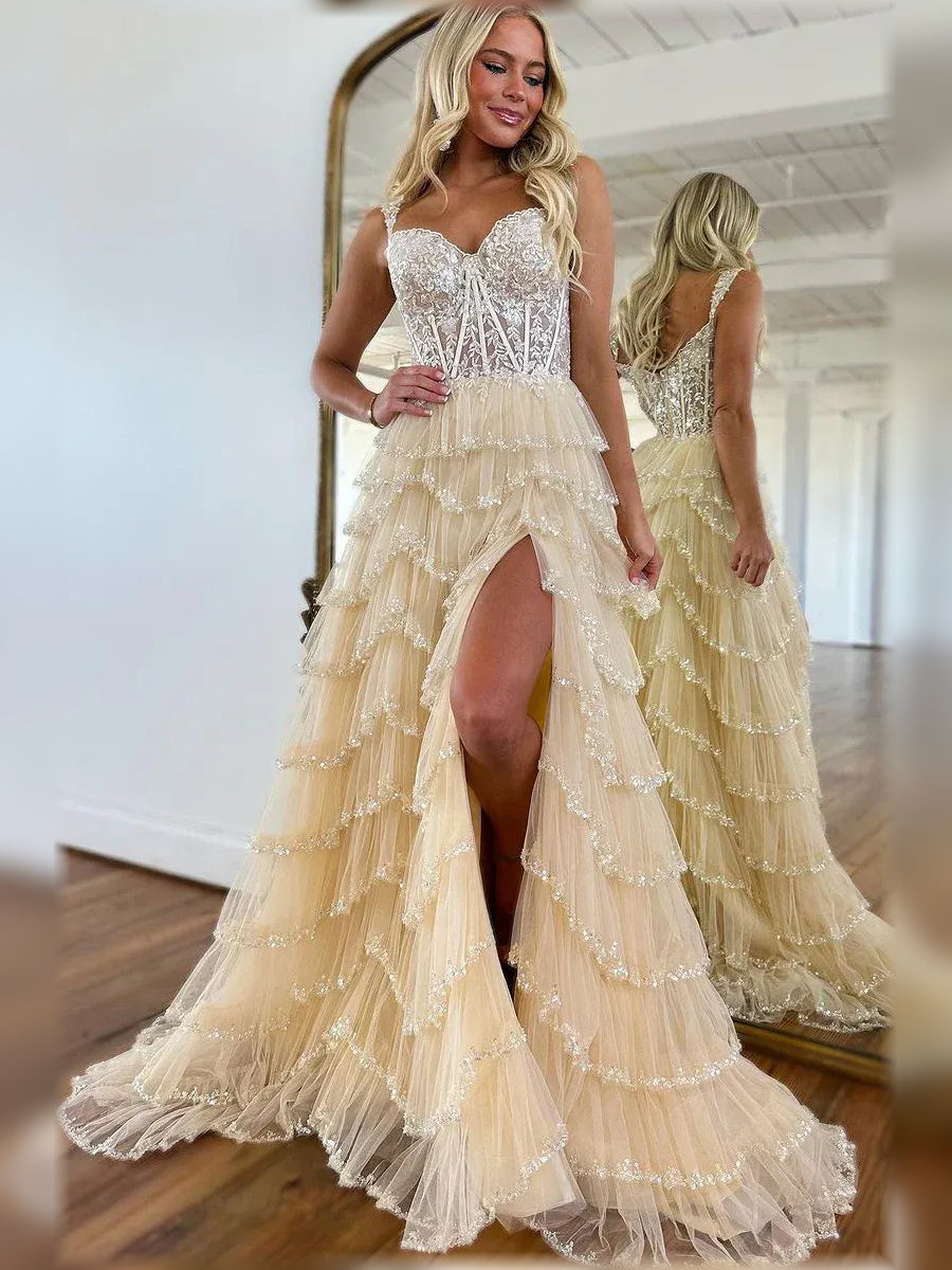 Champagne a-line floor-length formal dress with sweetheart neckline, full-length front view
