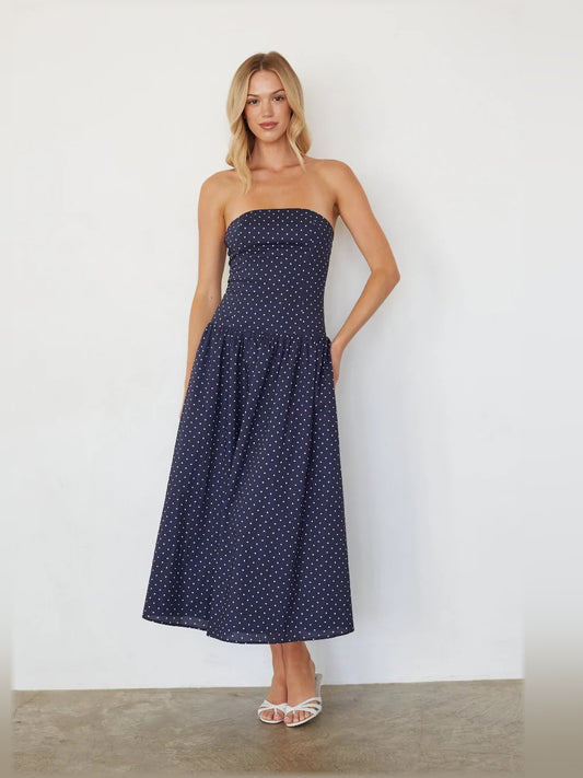 Navy midi formal dress with printed pattern, full-length front view