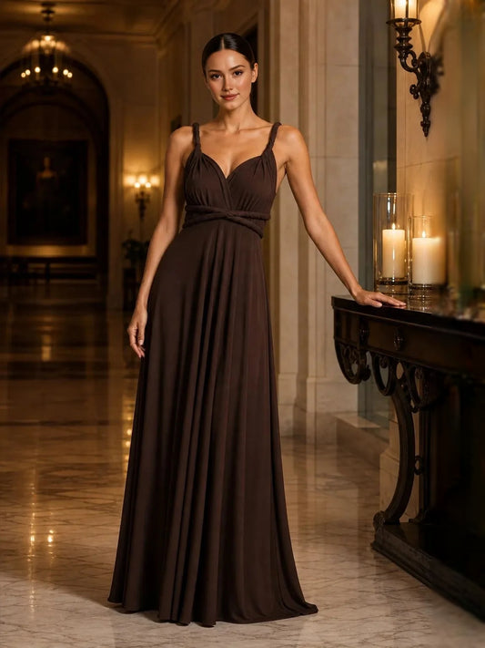 Chocolate maxi bridesmaid dress, front view showing the a-line silhouette
