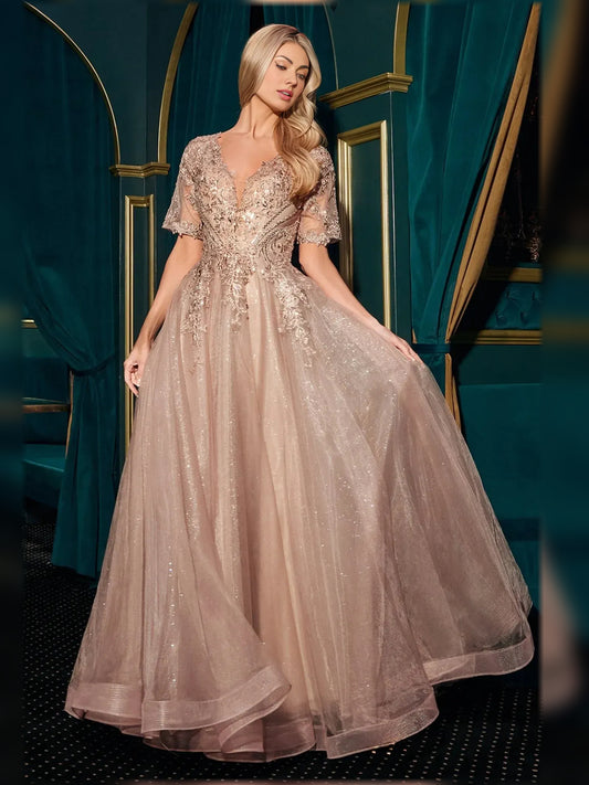 Mocha Gold a-line floor-length formal dress with V-neckline, full-length front view