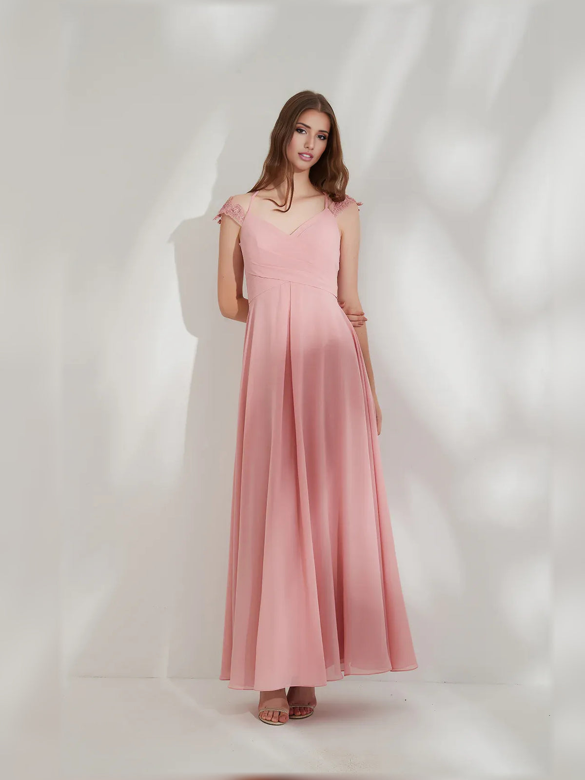 Peach a-line floor-length formal dress with V-neckline, full-length front view