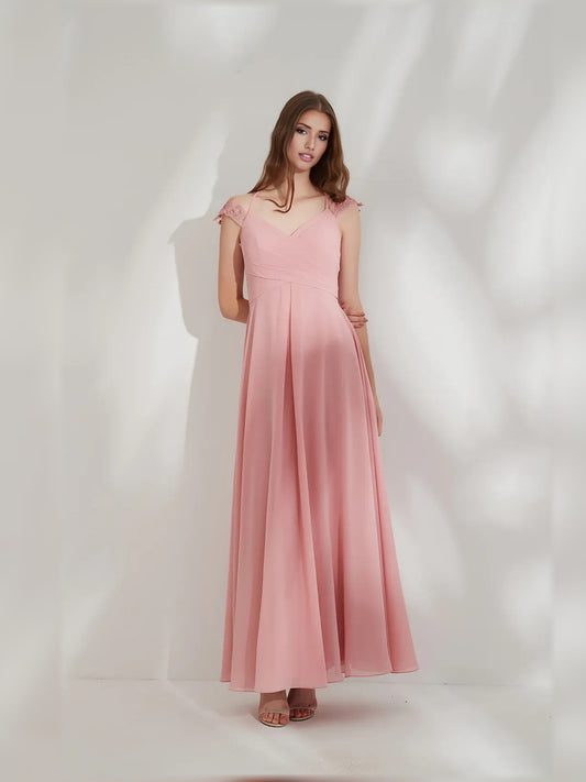 Peach a-line floor-length formal dress with V-neckline, full-length front view