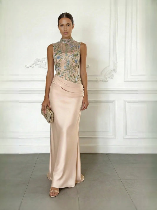 Champagne floor-length mother of the bride dress, front view showing the mermaid silhouette
