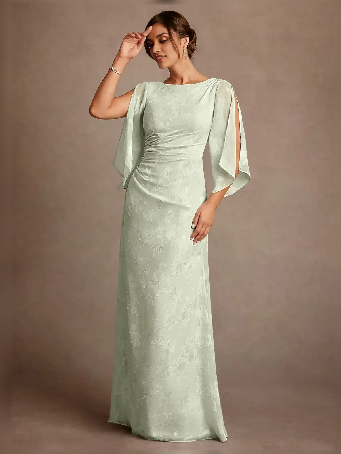 Mint Green floor-length mother of the bride dress, front view showing the column silhouette