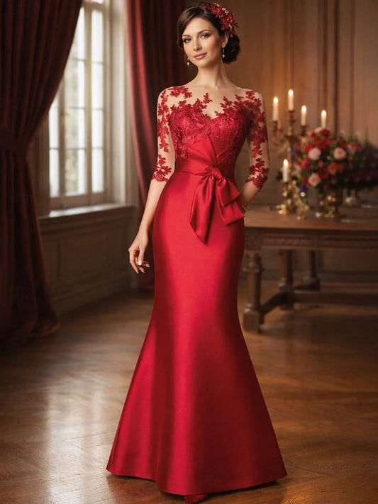 Red floor-length mother of the bride dress, front view showing the mermaid silhouette