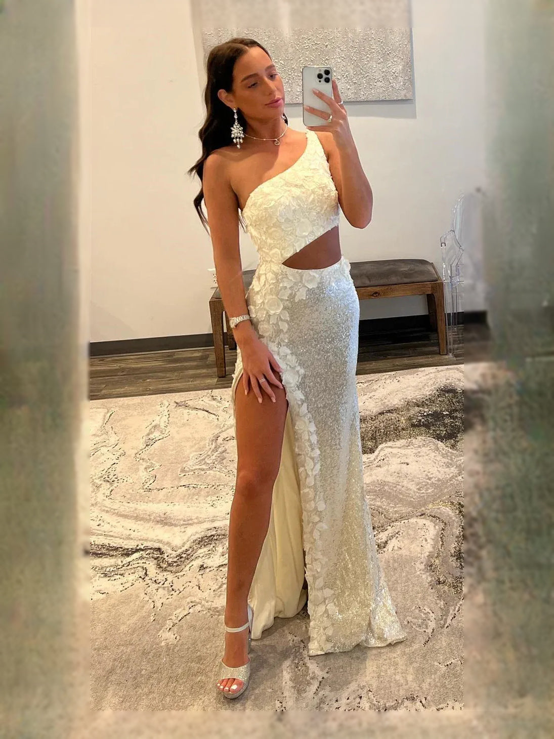 Ivory maxi prom dress, front view showing the mermaid silhouette