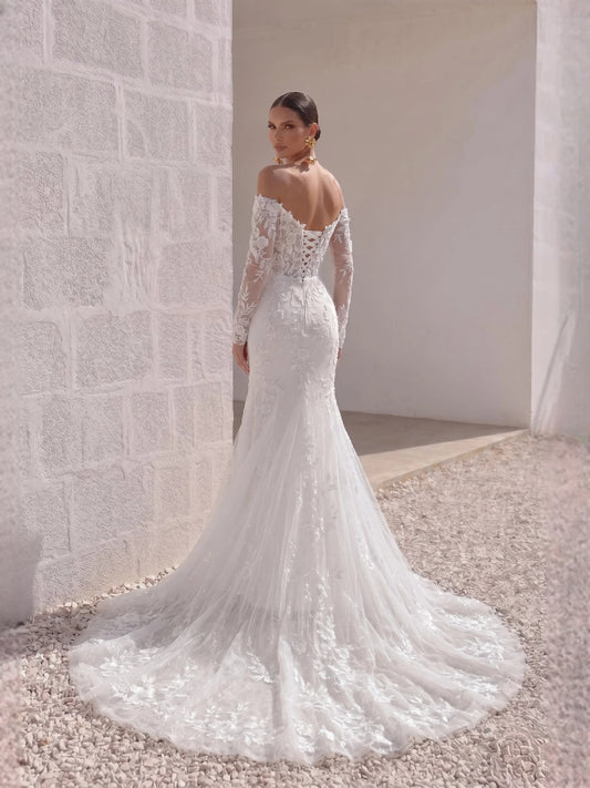 Ivory floor-length wedding dress, front view showing the mermaid silhouette