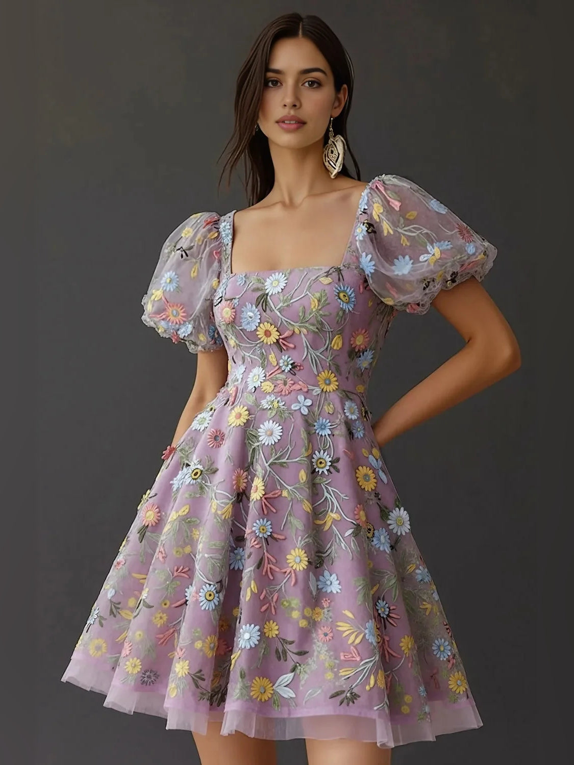Mauve short homecoming dress, alternate view showing the full-length silhouette