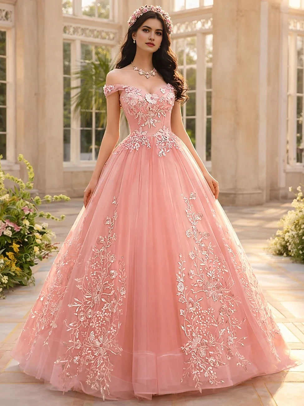 Pearl Pink floor-length prom dress, front view showing the ball-gown silhouette