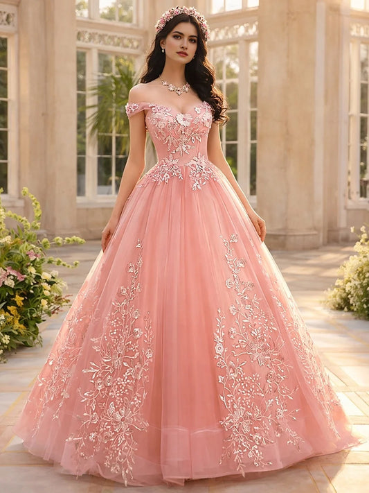Pearl Pink floor-length prom dress, front view showing the ball-gown silhouette