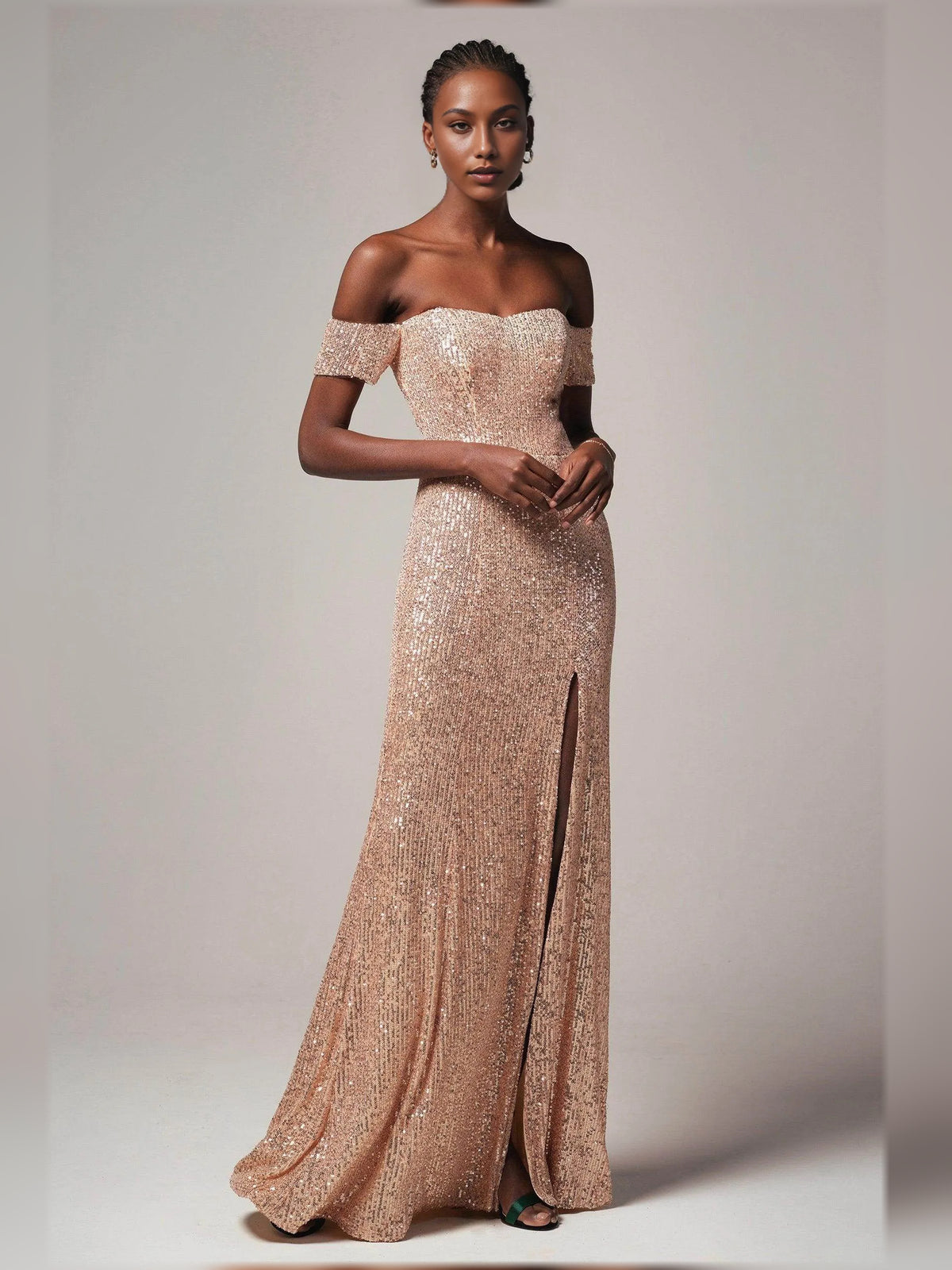 Rose Gold sheath floor-length formal dress with off-the-shoulder neckline, full-length front view