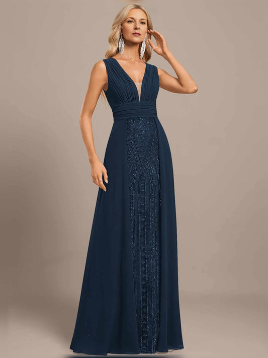 Dark Navy maxi mother of the bride dress, front view showing the a-line silhouette