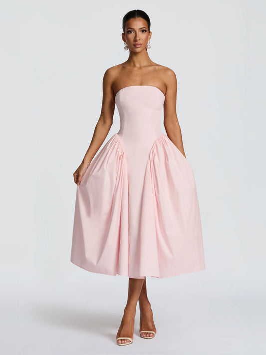 Blush midi formal dress, full-length front view